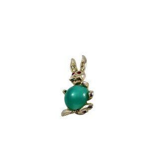 Vintage Jelly Belly Bunny Brooch Pin With Turquoise Bead & Rhinestone Detail